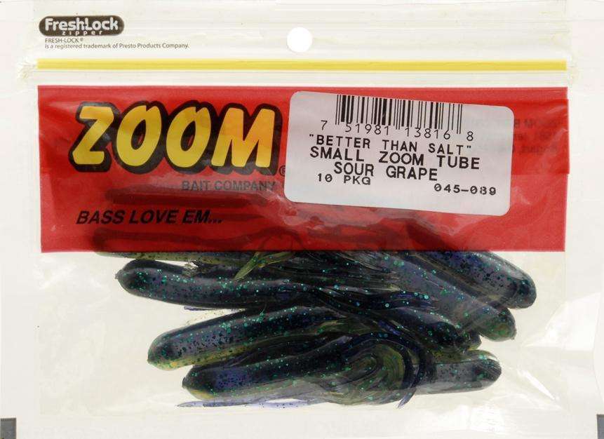 Zoom Small Zoom Tube Sour Grape Bait 10 Pack 4' Ideal For Bass